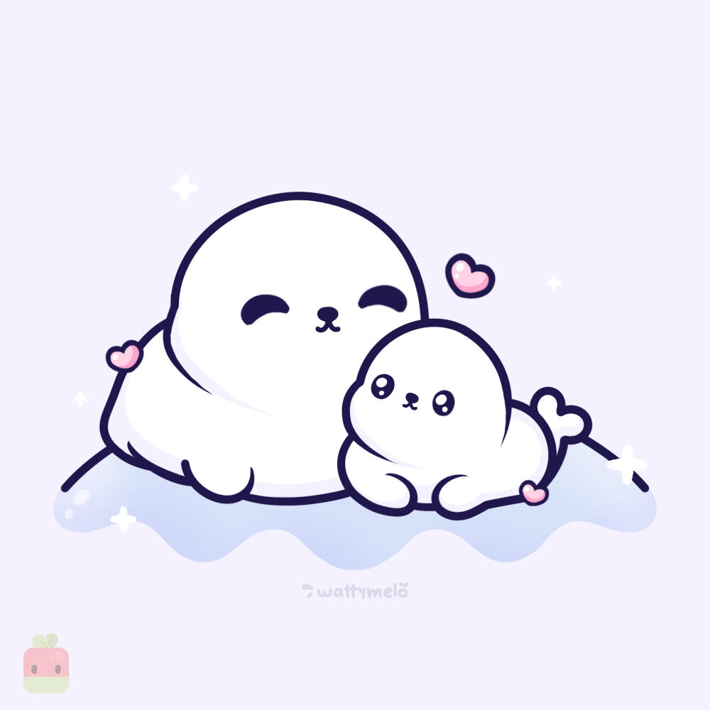 9. Add environment and sparkles ∙ A small island, an ice patch or snow under your seals will make the illustration feel more complete and add more personality to the drawing. Use the previous steps to stylise it, and add some shiny sparkles.