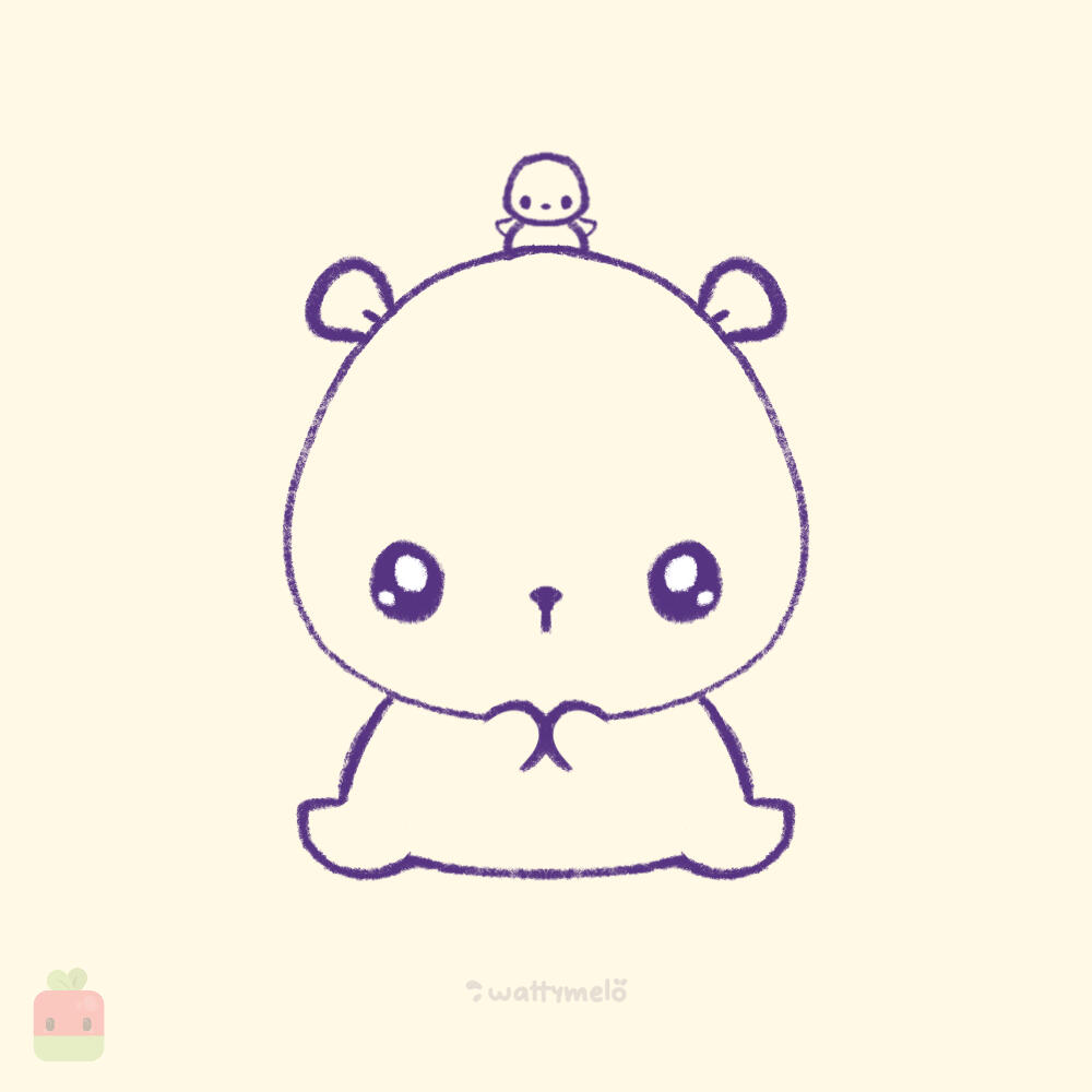 5. Add a Friend ∙ Draw a tiny flower crown, a bow, or even a little ducky on the capybara’s head. I chose to go with the ducky for extra cuteness. Apply the same steps to build its body and draw two tiny V-shaped wings to bring it to life.