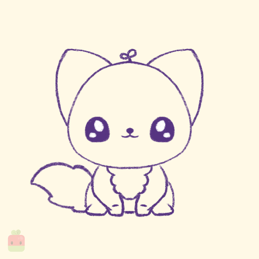 6. Add the Face ∙ Draw two big, round eyes with highlights. Add a small nose near the center of the face and a simple, wavy line for that uwu cute mouth.