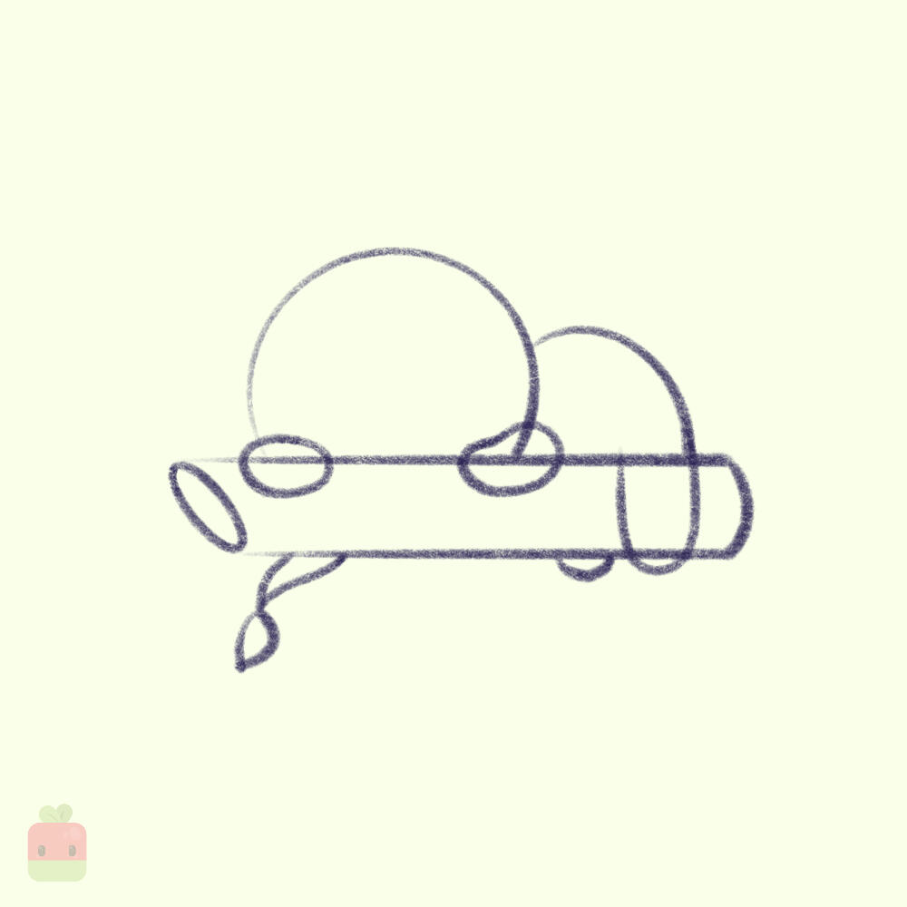 3. Draw the Limbs ∙ Sketch rough limb shapes - two small bean shapes in front of the big circle for hands, one long U-shape for the back leg, and a smaller U-shape behind the branch for the right leg.