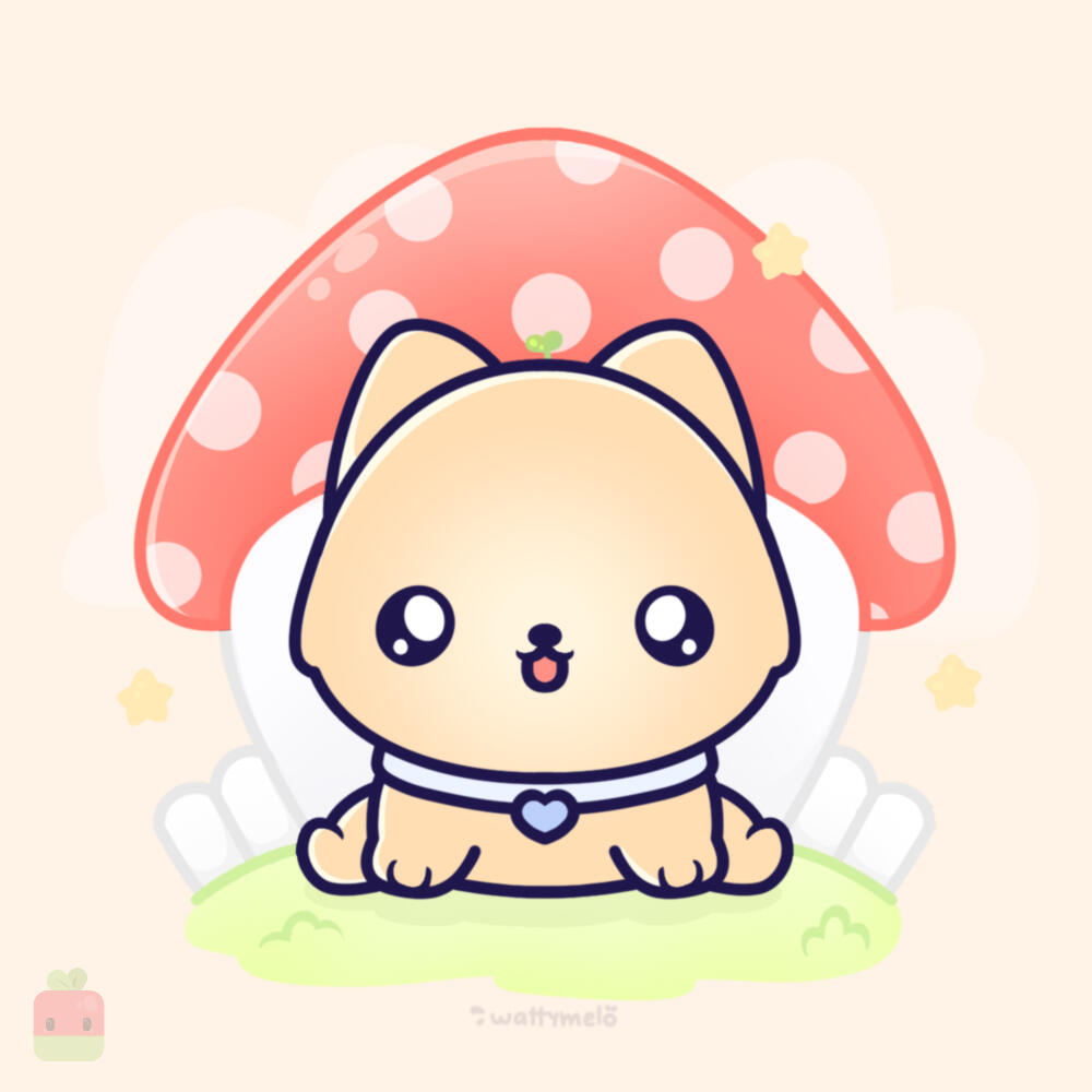 CONGRATULATIONS! You just completed the "How to draw a cute dog tutorial"! I decided to add some soft clouds you can barely see behind the shroom house and some cute little stars to finish up the illustration.